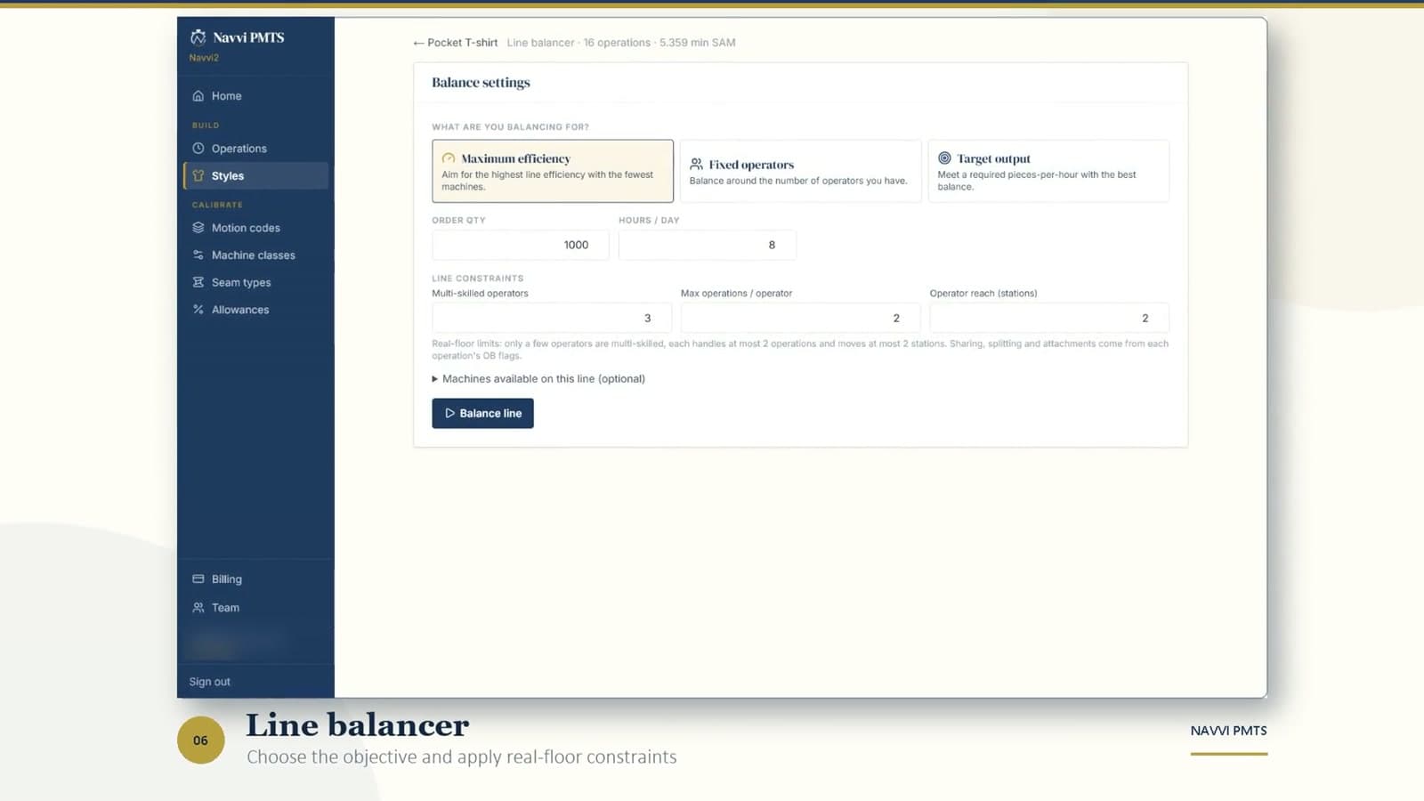 Navvi PMTS line balancing settings