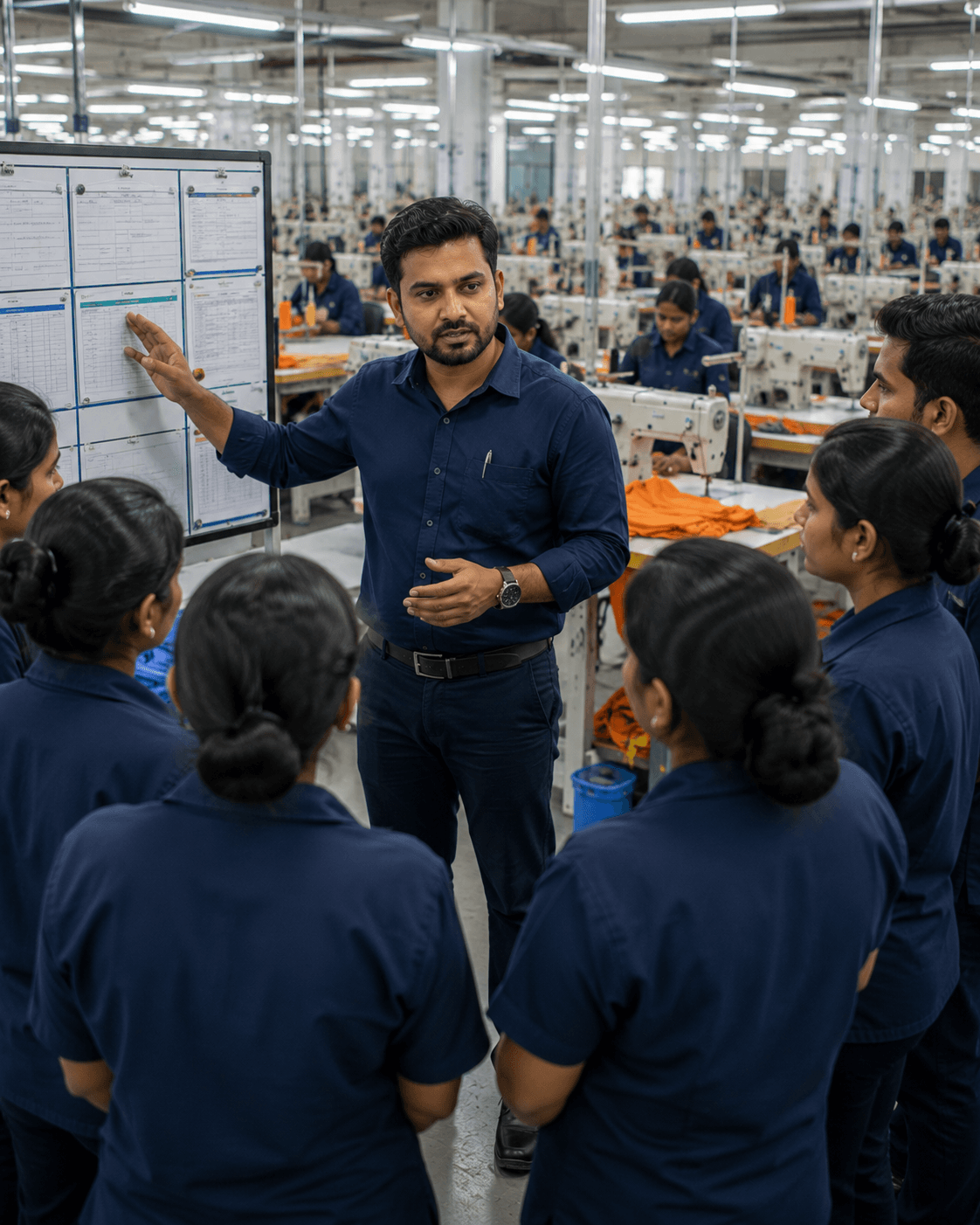 Factory leader aligning a garment production team around daily controls