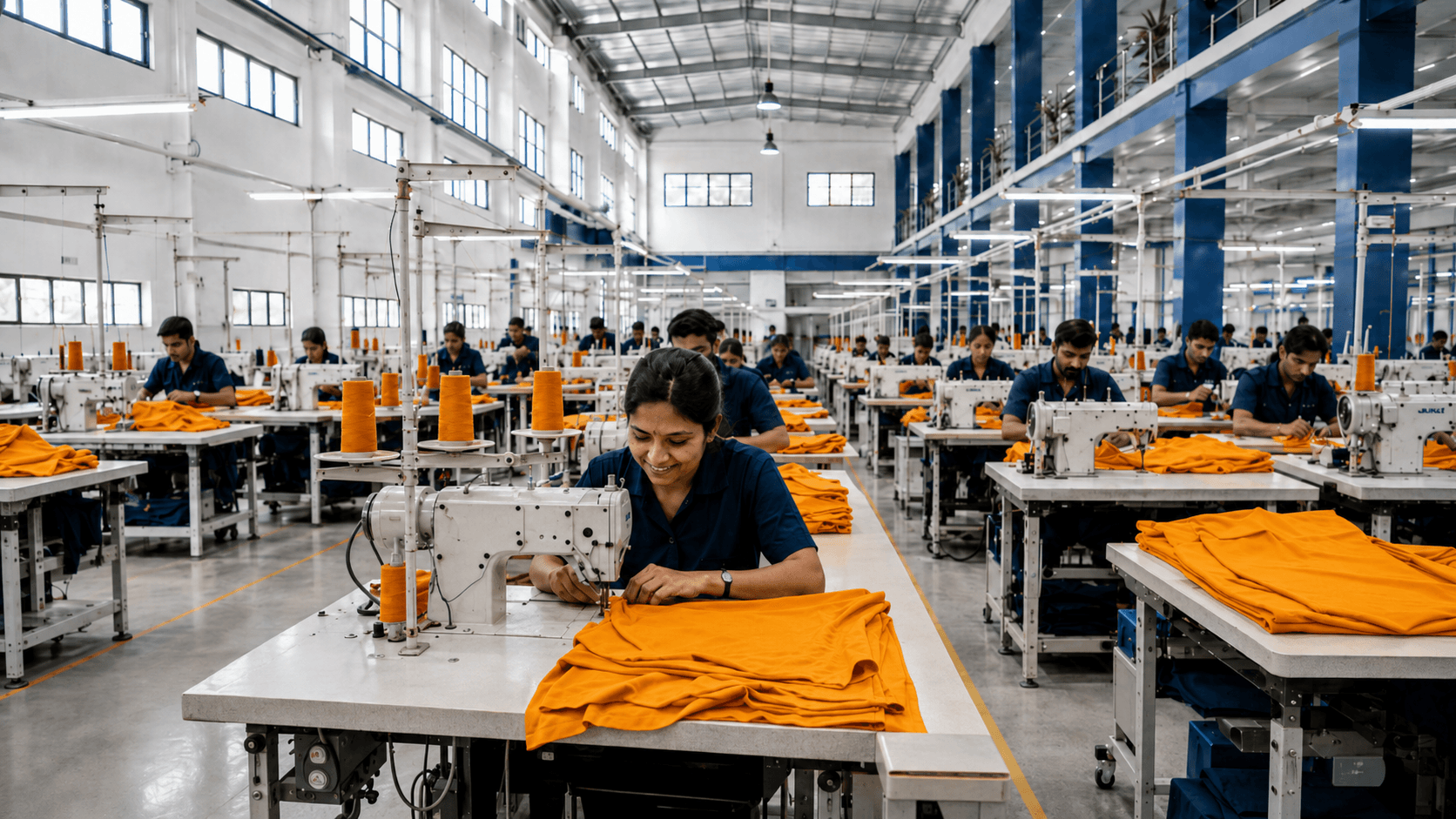 Garment production lines operating across a modern factory floor