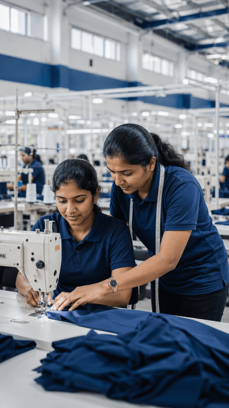 Garment trainer coaching a sewing operator at a production machine