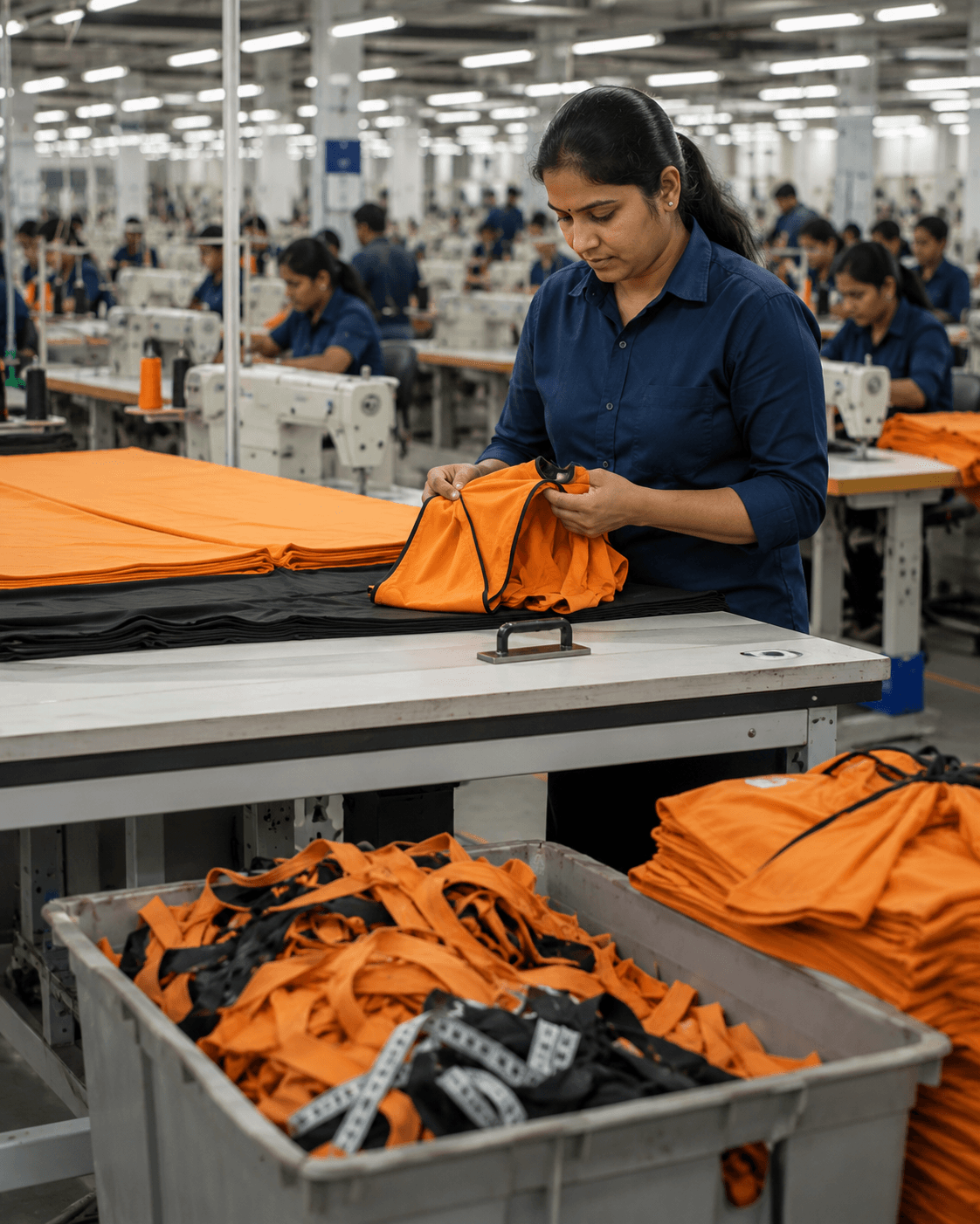 Garment professional inspecting fabric and material usage on the factory floor