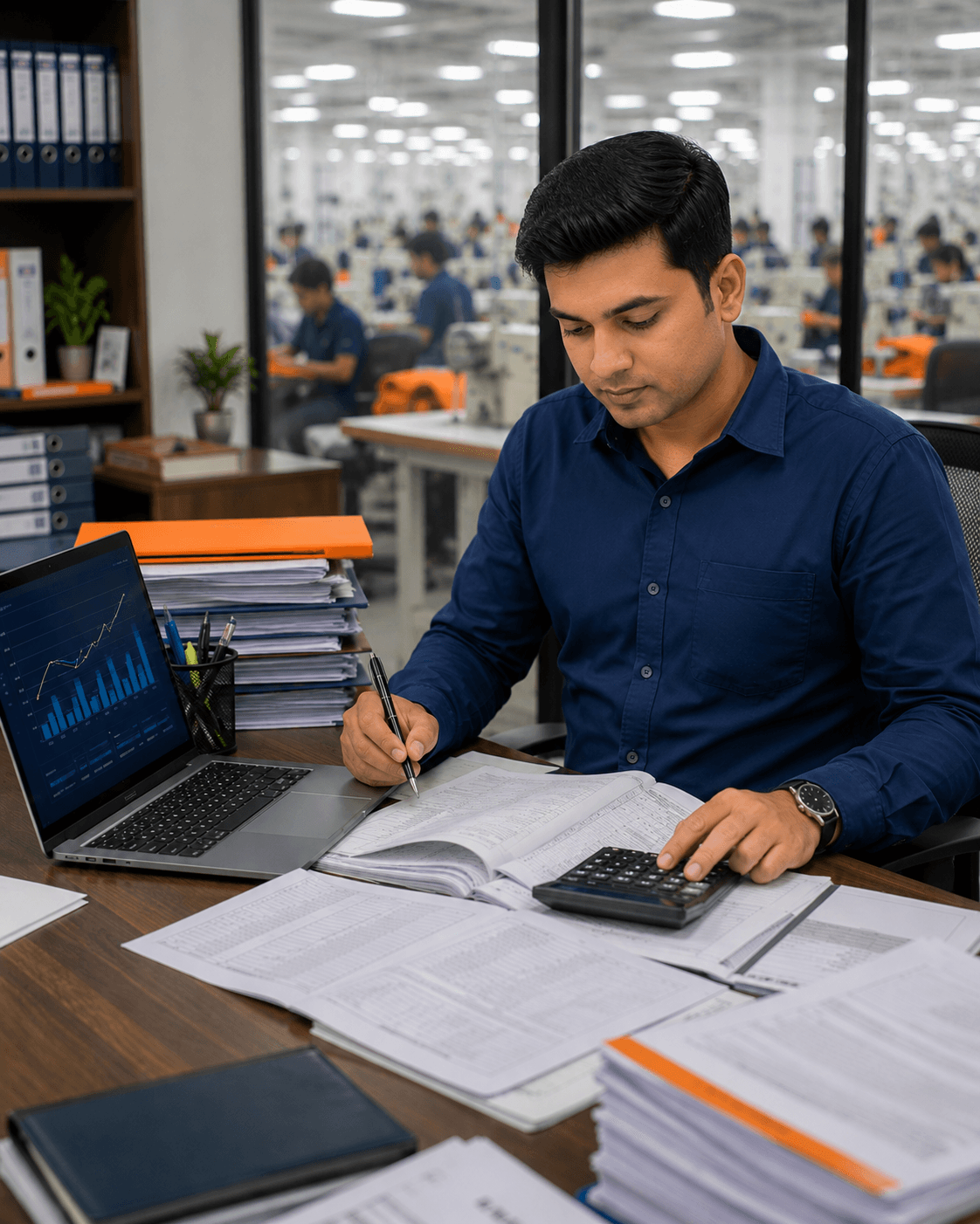 Factory professional analysing financial and operating leakage data