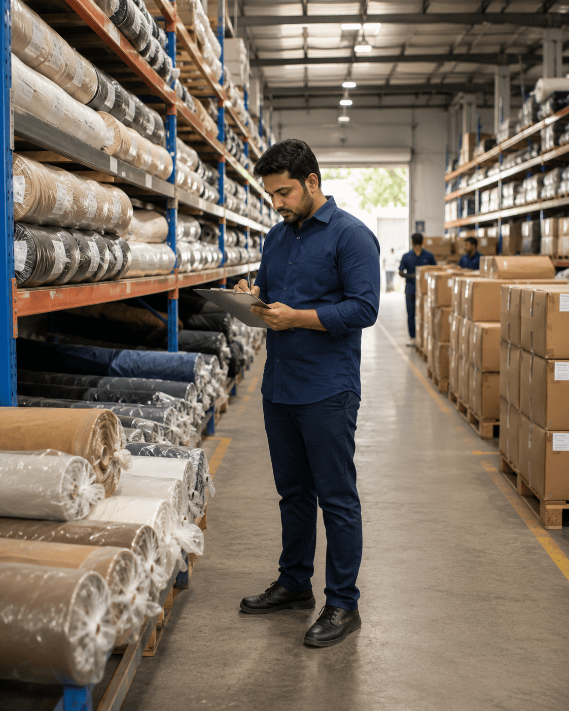 Factory professional reviewing material inventory and supply controls